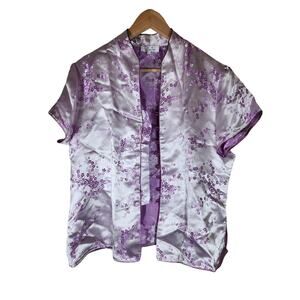 QIONG YU Purple Silver Bright Floral Button Closure Short Sleeve Top SZ XL